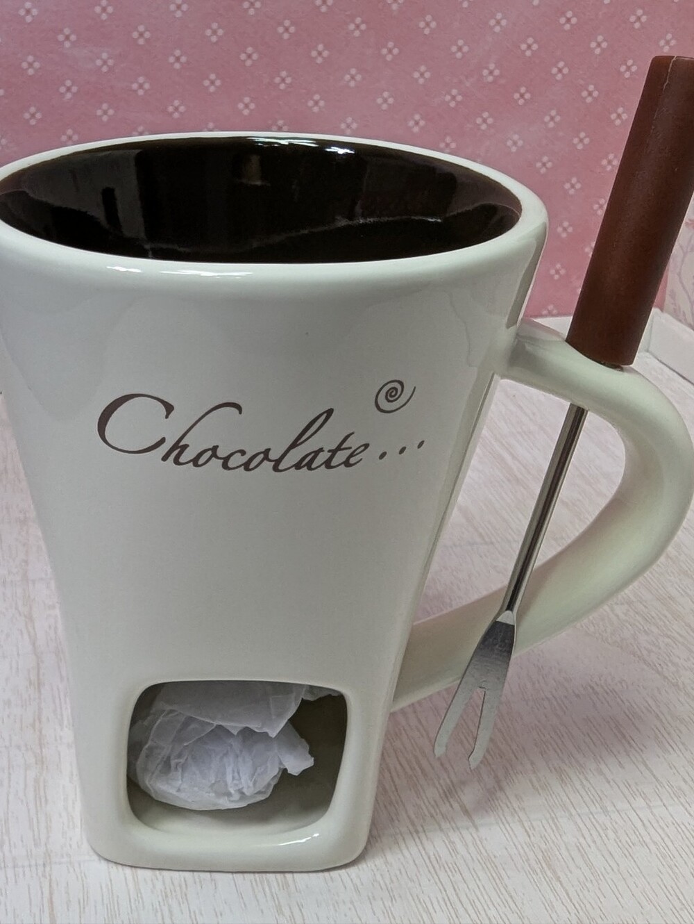 Fondue Mug with Forks Chocolate Melting Cup Ceramic Mini Tealight Pot for Cheese